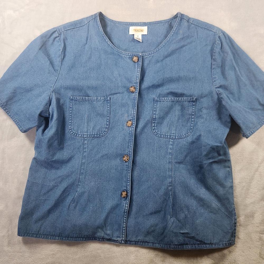 Talbots Women Vintage Blue Denim Shirt Button Down Pockets Crop 16‎ Cottage